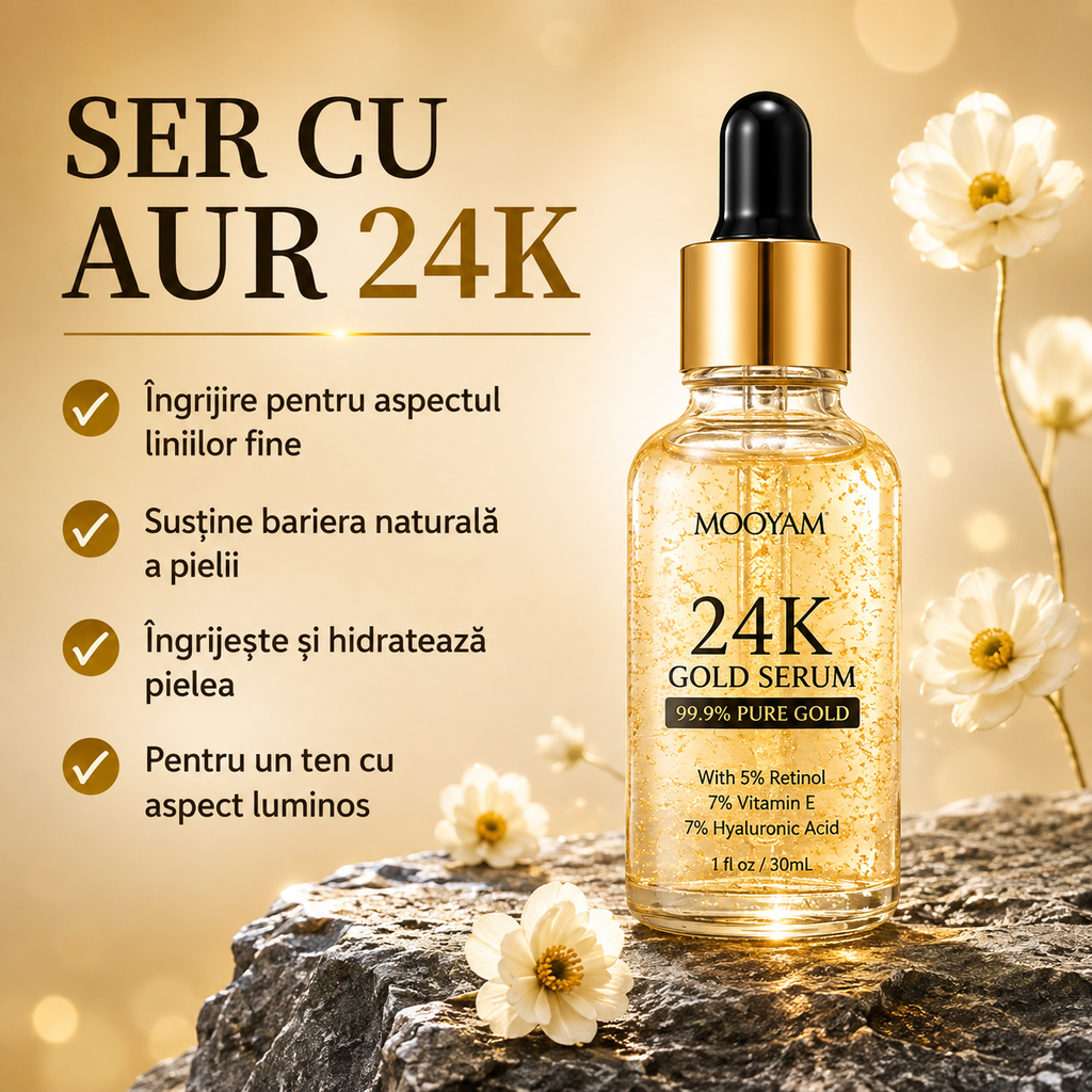 Ser facial MOOYAM cu Aur 24K – Retinol, Vitamina E și Acid Hialuronic