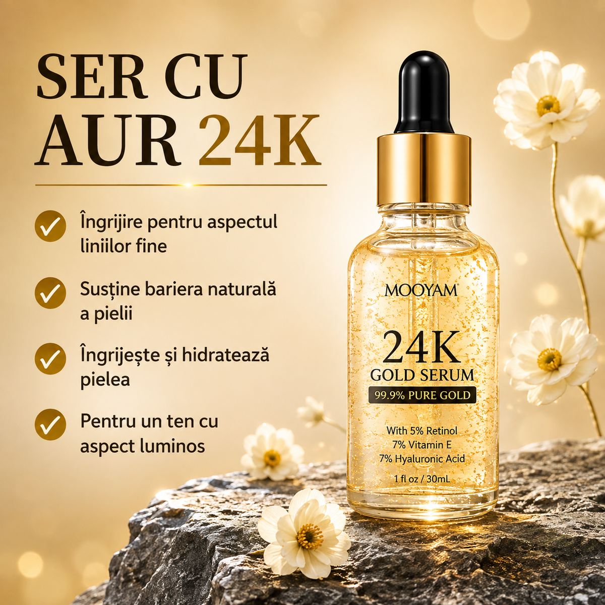 Ser facial MOOYAM cu Aur 24K – Retinol, Vitamina E și Acid Hialuronic
