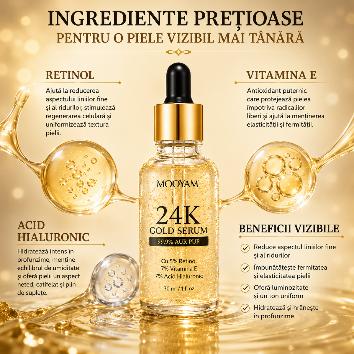 Ser facial MOOYAM cu Aur 24K – Retinol, Vitamina E și Acid Hialuronic