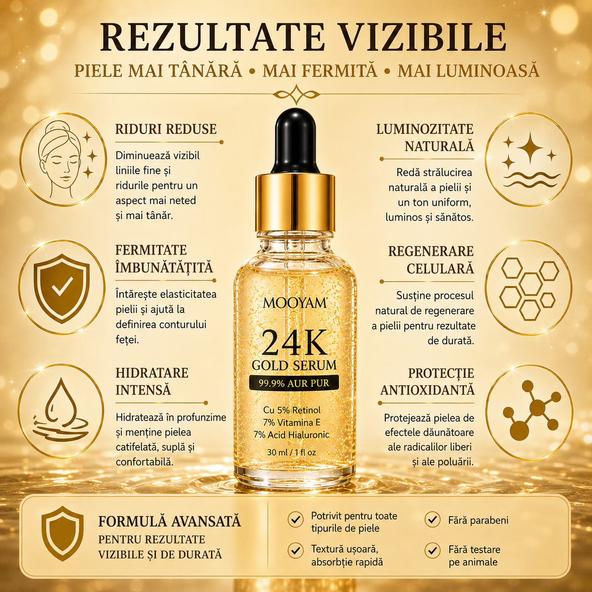 Ser facial MOOYAM cu Aur 24K – Retinol, Vitamina E și Acid Hialuronic