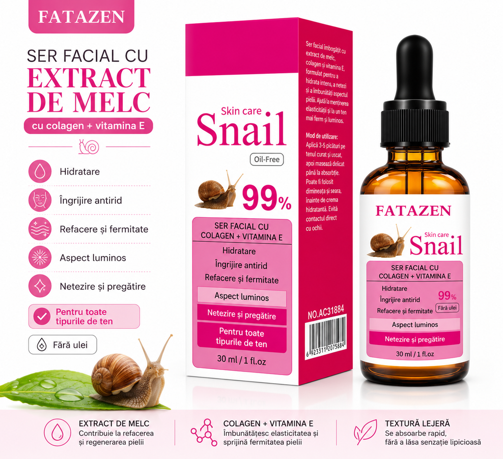 Ser facial cu extract de melc și colagen – hidratare și elasticitate