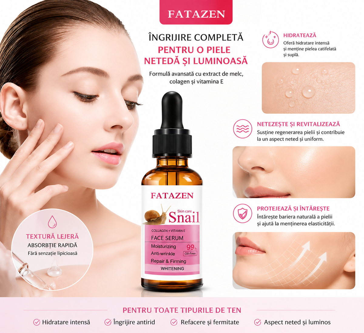 Ser facial cu extract de melc și colagen – hidratare și elasticitate