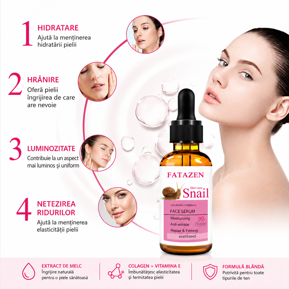 Ser facial cu extract de melc și colagen – hidratare și elasticitate