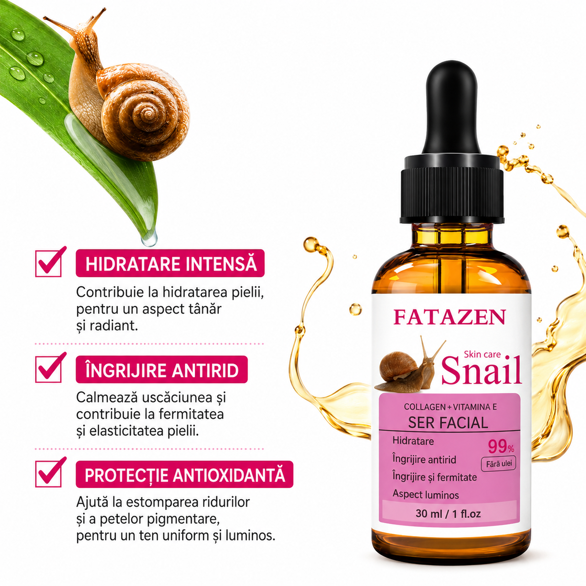 Ser facial cu extract de melc și colagen – hidratare și elasticitate